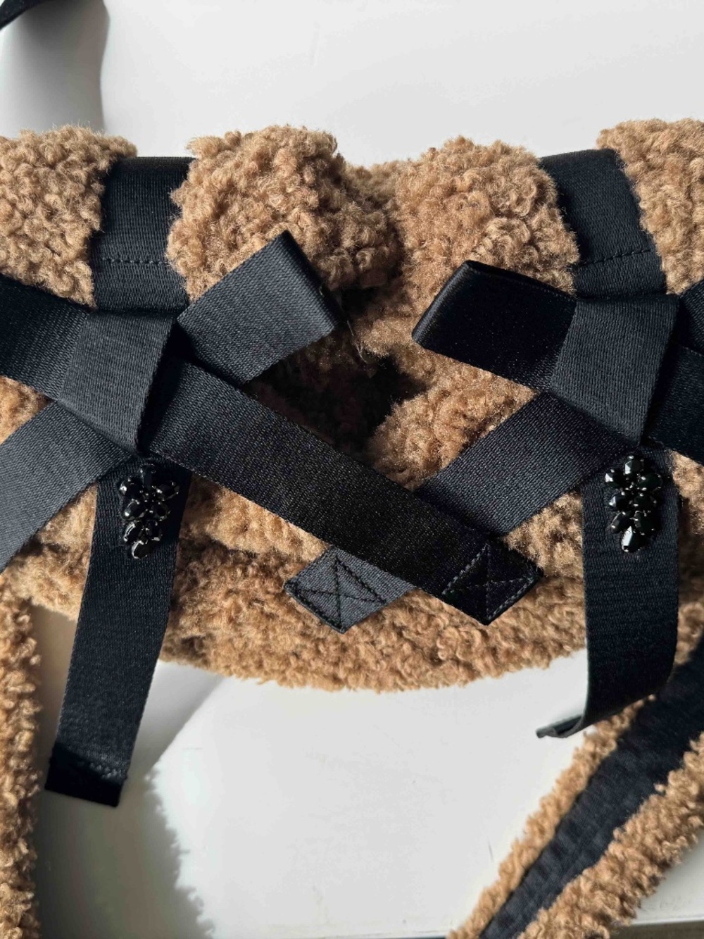 Simone Rocha Classic Bow Teddy Fleece Crossbody Bag Brown Jet w/Dust Cover